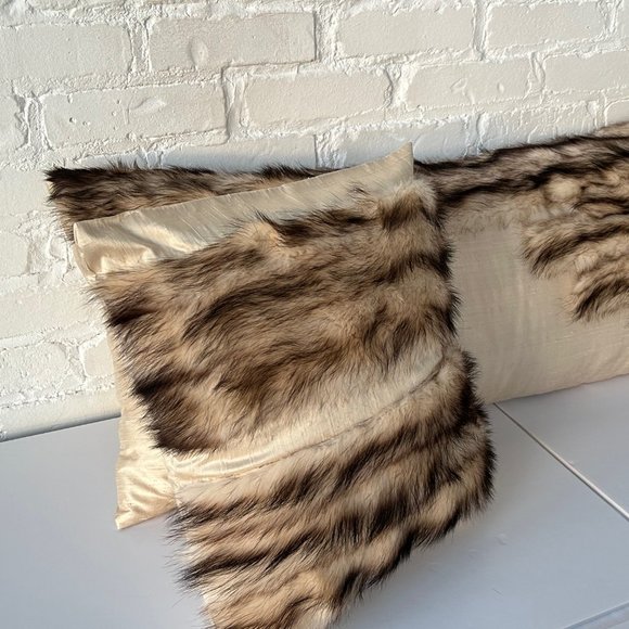 Handmade Raw Silk Pillows with Real Fur Accent Set of Two - Picture 4 of 4